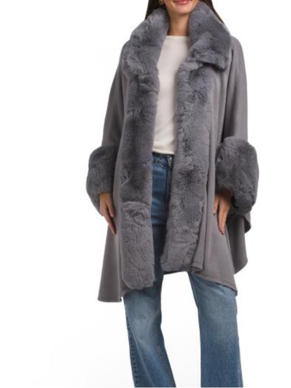 ADRIENNE VITTADINI ruana with faux mink trim and cuffs
